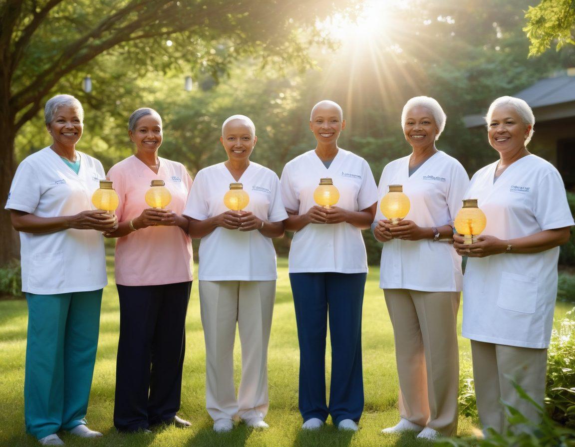 A serene and uplifting scene of a diverse group of cancer survivors standing together, each holding a symbol of hope, such as flowers or lanterns, surrounded by lush greenery and soft sunlight filtering through trees. In the background, a subtle depiction of a hospital or wellness center emphasizes care and support. The atmosphere is filled with positivity, unity, and resilience. vibrant colors. super-realistic.
