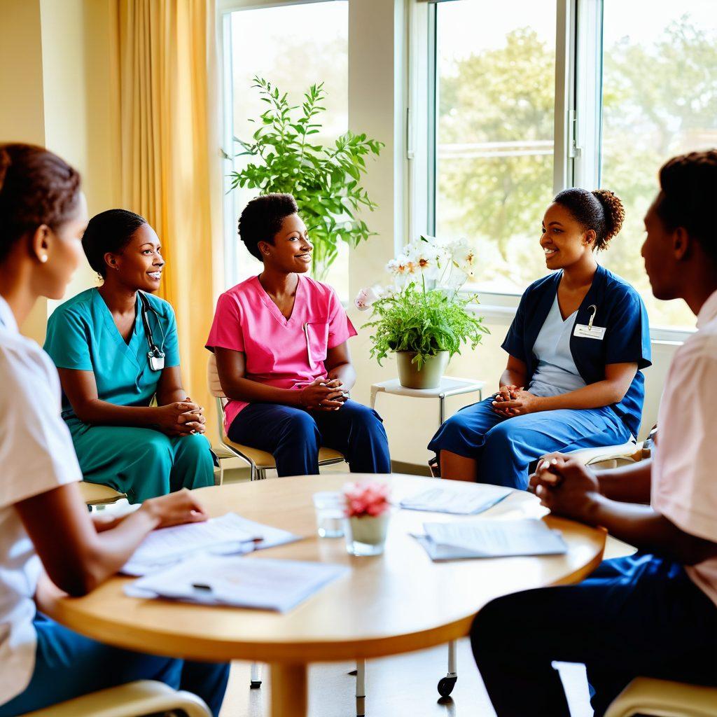 A diverse group of patients and advocates engaged in a supportive discussion in a bright, inviting hospital room. Incorporate elements of compassion, empowerment, and education through warm interactions, informative pamphlets, and a sunny window view. Highlight symbols of hope like a blooming plant and ribbons in the background. soft focus. warm tones. super-realistic.