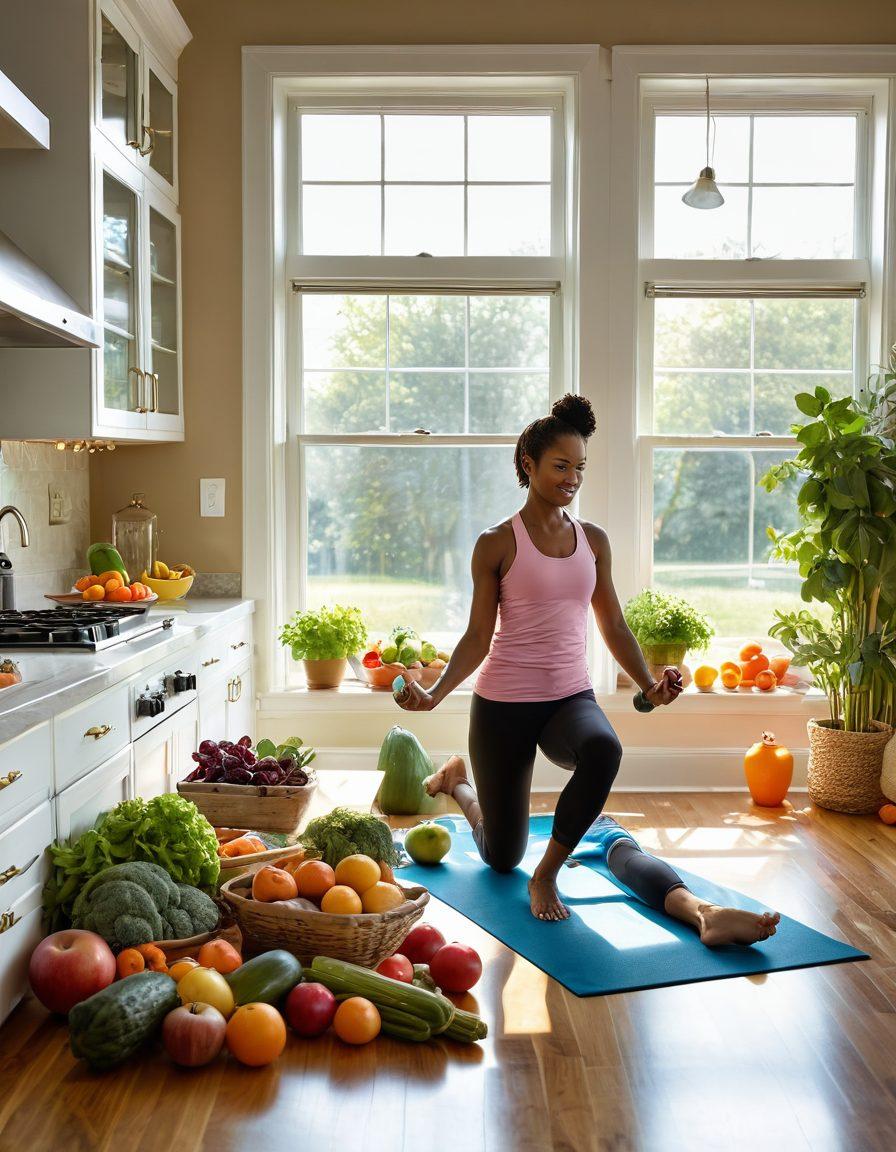 A serene kitchen scene showcasing fresh, colorful fruits and vegetables, symbolizing nutrition and healthy living. In the background, a radiant sunbeam shines through a window, enhancing the feeling of warmth and hope. Include hints of exercise gear like a yoga mat and weights, representing lifestyle changes. A softly smiling cancer survivor is preparing a meal, conveying positivity and empowerment. vibrant colors. super-realistic. warm tones.